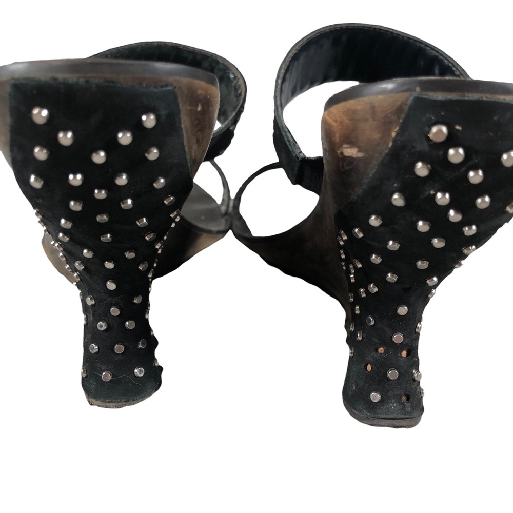 Kathy Van Zeeland Wedges Wooded Studded Black Strappy Sandals Silver Retro 90’s - Picture 6 of 10